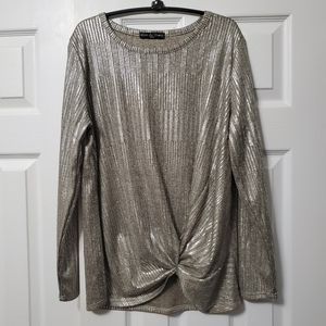 Kim and Cami silver metallic pullover shirt loop through knot front bottom Large